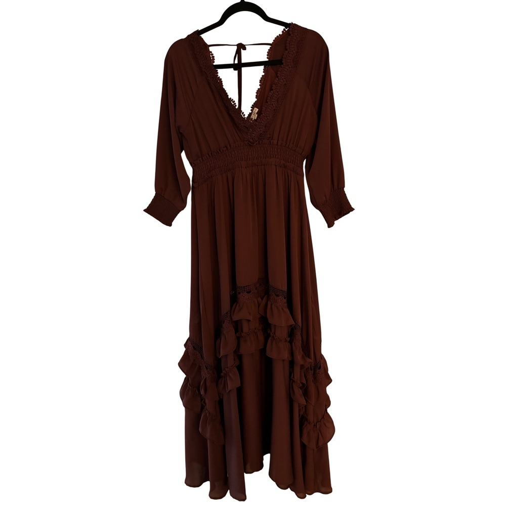 Baltic Born Brown Crochet Lace Tiered High Low Maxi Dress Large